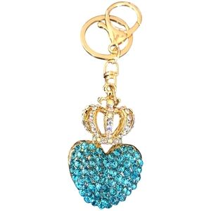 Bling Turqoise Heart With Crown Rhinestone Purse Charm Keyring